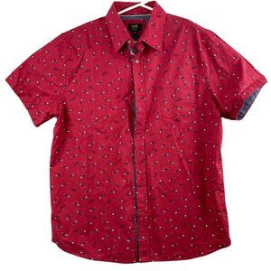 Lee Men's Shirt M Red Fishbone Print Regular Fit 100% Cotton Short Sleeve Button